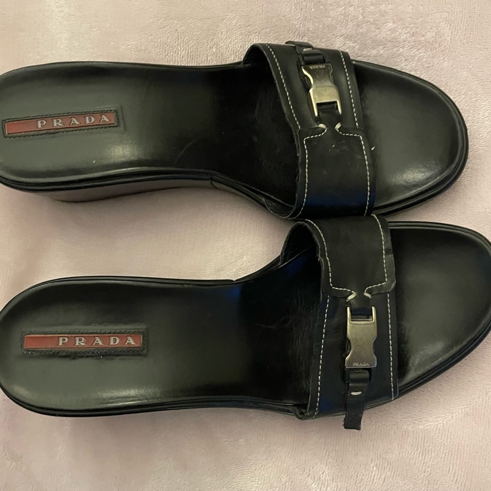 PRADA SPORT Black Leather Wedge Platform Sandals Size 38 1/2